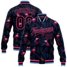 Charger l&#39;image dans la galerie, Custom Black Black Pink-Light Blue Hawaii Palm Trees And Flamingo 3D Bomber Full-Snap Varsity Letterman Jacket
