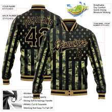 Загрузить изображение в средство просмотра галереи, Custom Camo Black-Old Gold American Flag Fashion 3D Bomber Full-Snap Varsity Letterman Salute To Service Jacket
