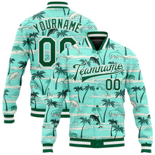 Charger l&#39;image dans la galerie, Custom Aqua Kelly Green-White Hawaii Palm Trees 3D Bomber Full-Snap Varsity Letterman Jacket
