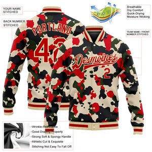 Custom Camo Red-Cream 3D Bomber Full-Snap Varsity Letterman Salute To Service Jacket