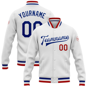 Custom White Royal-Red Bomber Full-Snap Varsity Letterman Jacket