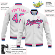 Load image into Gallery viewer, Custom White Pink Black-Light Blue Bomber Full-Snap Varsity Letterman Jacket
