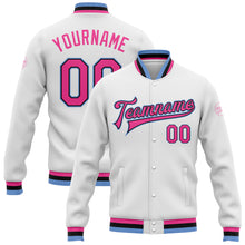 Load image into Gallery viewer, Custom White Pink Black-Light Blue Bomber Full-Snap Varsity Letterman Jacket
