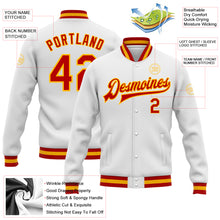 Charger l&#39;image dans la galerie, Custom White Red-Gold Bomber Full-Snap Varsity Letterman Jacket
