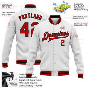 Custom White Red-Black Bomber Full-Snap Varsity Letterman Jacket