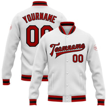 Charger l&#39;image dans la galerie, Custom White Red-Black Bomber Full-Snap Varsity Letterman Jacket
