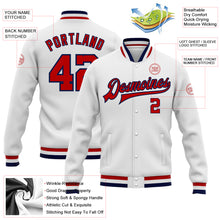 Charger l&#39;image dans la galerie, Custom White Red-Navy Bomber Full-Snap Varsity Letterman Jacket
