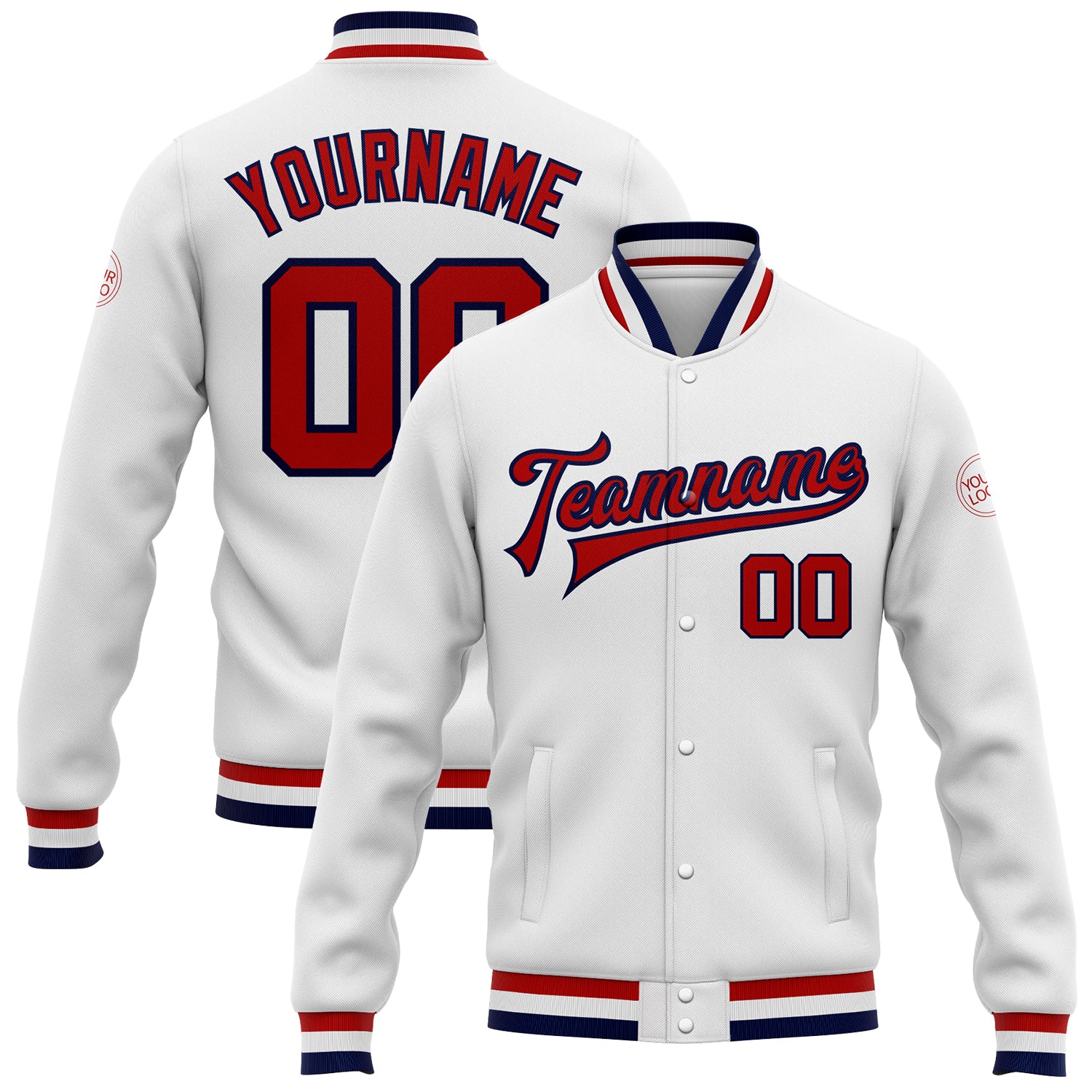 Custom Navy Navy White-Red Bomber Full-Snap Varsity Letterman