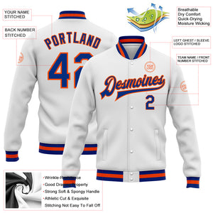 Custom White Royal-Orange Bomber Full-Snap Varsity Letterman Jacket