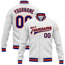 Load image into Gallery viewer, Custom White Royal-Orange Bomber Full-Snap Varsity Letterman Jacket
