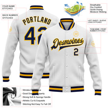 Load image into Gallery viewer, Custom White Navy-Gold Bomber Full-Snap Varsity Letterman Jacket
