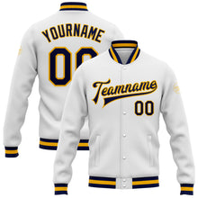 Load image into Gallery viewer, Custom White Navy-Gold Bomber Full-Snap Varsity Letterman Jacket
