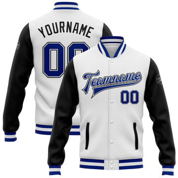 Custom White Royal-Black Bomber Full-Snap Varsity Letterman Two Tone Jacket