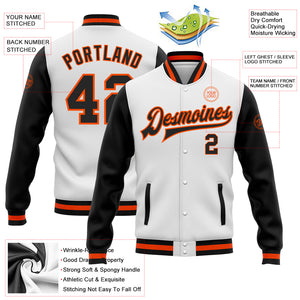 Custom White Black-Orange Bomber Full-Snap Varsity Letterman Two Tone Jacket