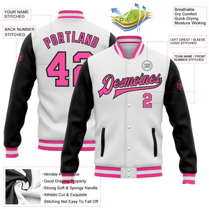 Custom White Pink-Black Bomber Full-Snap Varsity Letterman Two Tone Jacket