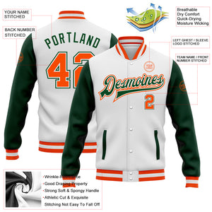 Custom White Orange-Green Bomber Full-Snap Varsity Letterman Two Tone Jacket