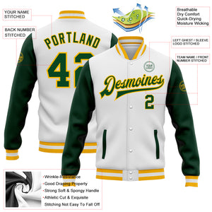 Custom White Green-Gold Bomber Full-Snap Varsity Letterman Two Tone Jacket