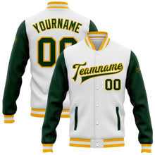 Загрузить изображение в средство просмотра галереи, Custom White Green-Gold Bomber Full-Snap Varsity Letterman Two Tone Jacket
