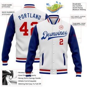 Custom White Red-Royal Bomber Full-Snap Varsity Letterman Two Tone Jacket