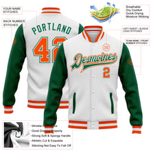 Charger l&#39;image dans la galerie, Custom White Orange-Kelly Green Bomber Full-Snap Varsity Letterman Two Tone Jacket
