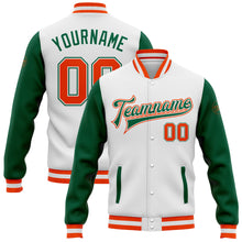 Charger l&#39;image dans la galerie, Custom White Orange-Kelly Green Bomber Full-Snap Varsity Letterman Two Tone Jacket
