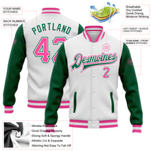 Load image into Gallery viewer, Custom White Pink-Kelly Green Bomber Full-Snap Varsity Letterman Two Tone Jacket
