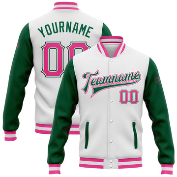 Custom White Pink-Kelly Green Bomber Full-Snap Varsity Letterman Two Tone Jacket