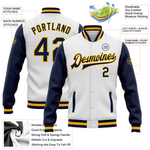 Custom White Navy-Gold Bomber Full-Snap Varsity Letterman Two Tone Jacket