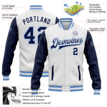 Load image into Gallery viewer, Custom White Navy-Light Blue Bomber Full-Snap Varsity Letterman Two Tone Jacket
