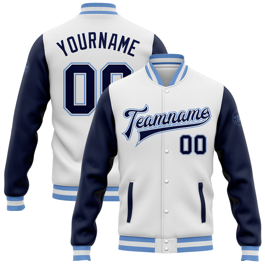 Custom White Navy-Light Blue Bomber Full-Snap Varsity Letterman Two Tone Jacket