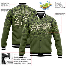 Загрузить изображение в средство просмотра галереи, Custom Olive Olive Cream-Black 3D Bomber Full-Snap Varsity Letterman Salute To Service Jacket
