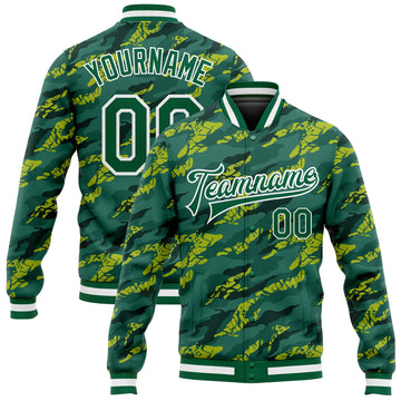 Custom Green Kelly Green-White 3D Pattern Design Bomber Full-Snap Varsity Letterman Jacket