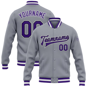 Custom Gray Purple-Black Bomber Full-Snap Varsity Letterman Jacket