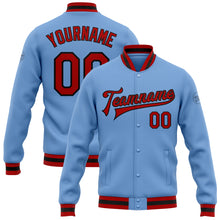 Charger l&#39;image dans la galerie, Custom Light Blue Red-Black Bomber Full-Snap Varsity Letterman Jacket
