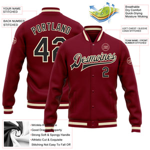 Custom Crimson Black Cream-Maroon Bomber Full-Snap Varsity Letterman Jacket