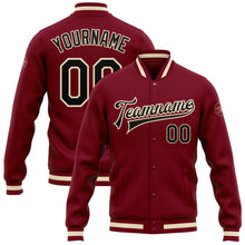 Загрузить изображение в средство просмотра галереи, Custom Crimson Black Cream-Maroon Bomber Full-Snap Varsity Letterman Jacket
