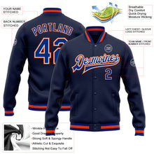 Load image into Gallery viewer, Custom Navy Royal-Orange Bomber Full-Snap Varsity Letterman Jacket
