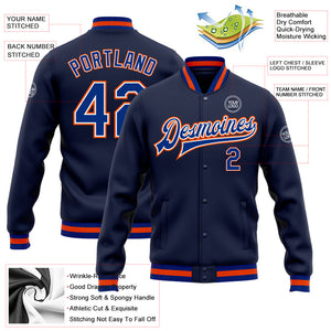 Custom Navy Royal-Orange Bomber Full-Snap Varsity Letterman Jacket