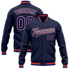 Load image into Gallery viewer, Custom Navy Royal-Orange Bomber Full-Snap Varsity Letterman Jacket
