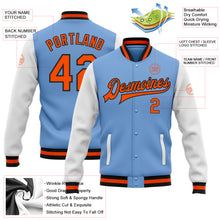 Charger l&#39;image dans la galerie, Custom Light Blue Orange-Black Bomber Full-Snap Varsity Letterman Two Tone Jacket
