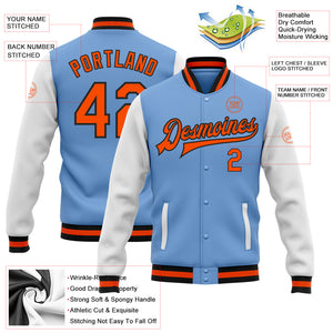 Custom Light Blue Orange-Black Bomber Full-Snap Varsity Letterman Two Tone Jacket