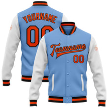 Charger l&#39;image dans la galerie, Custom Light Blue Orange-Black Bomber Full-Snap Varsity Letterman Two Tone Jacket
