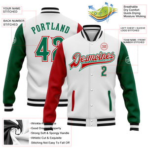 Custom White Kelly Green-Red Bomber Full-Snap Varsity Letterman Two Tone Jacket