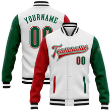 Load image into Gallery viewer, Custom White Kelly Green-Red Bomber Full-Snap Varsity Letterman Two Tone Jacket
