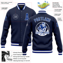 Load image into Gallery viewer, Custom Navy Royal-White Bomber Full-Snap Varsity Letterman Jacket
