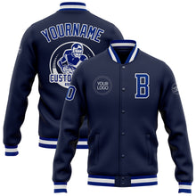 Load image into Gallery viewer, Custom Navy Royal-White Bomber Full-Snap Varsity Letterman Jacket
