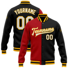 Charger l&#39;image dans la galerie, Custom Black White Red-Gold Bomber Full-Snap Varsity Letterman Split Fashion Jacket
