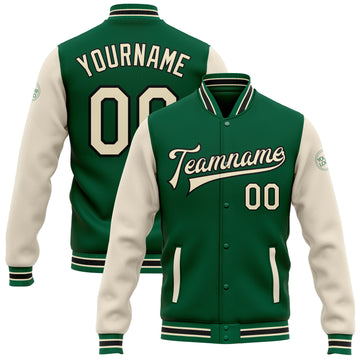 Custom Kelly Green Cream-Black Bomber Full-Snap Varsity Letterman Two Tone Jacket