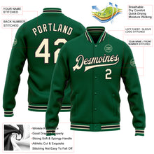 Charger l&#39;image dans la galerie, Custom Kelly Green Cream-Black Bomber Full-Snap Varsity Letterman Jacket
