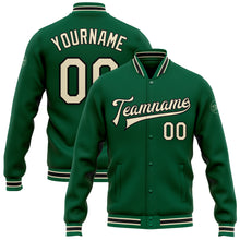 Charger l&#39;image dans la galerie, Custom Kelly Green Cream-Black Bomber Full-Snap Varsity Letterman Jacket
